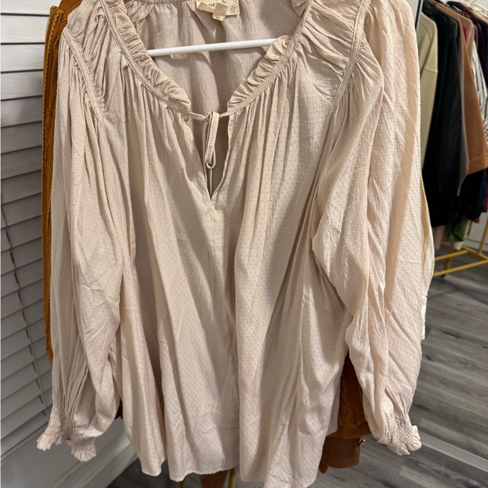 Blu Pepper Cream Ruched Blouse with Tie Front